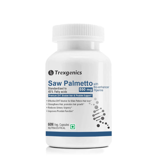 Trexgenics Saw Palmetto supplement bottle on a white background