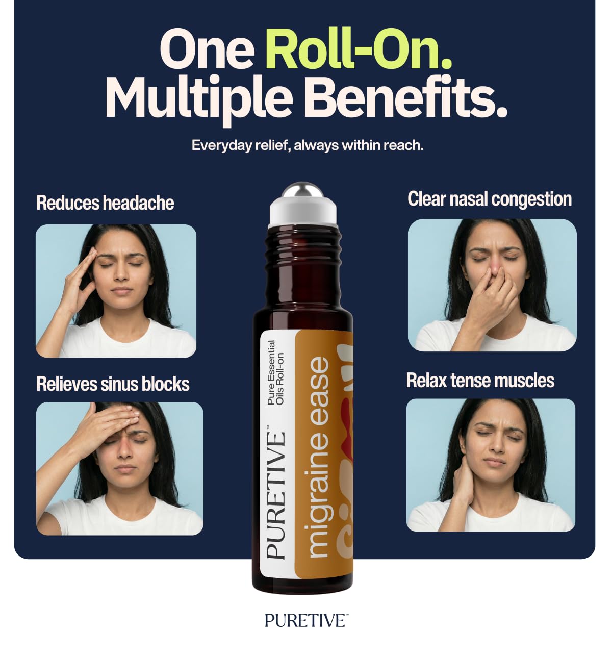 Promotional image of a Puretive migraine ease roll-on with benefits listed.