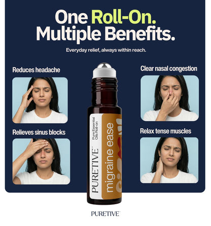 Promotional image of a Puretive migraine ease roll-on with benefits listed.