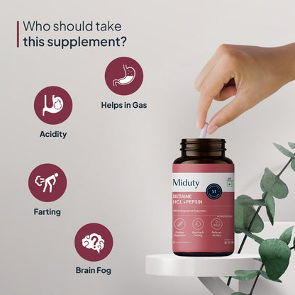 Zephivo Miduty by Palak Notes Betaine HCL + Pepsin, Betaine HCL Pepsin Capsules Pepsin for Digestion Acidity & Indigestion Betaine HCL Supplement - 60 Capsules