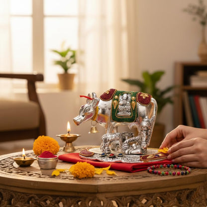 KridayKraft Kamdhenu Cow,Calf with Bal Gopal Krishna Metal Statue for Good Luck,Feng Shui As Table Top Figurine,Vastu,Religious Gau MATA Idol Home,Office&Table Decorative,Animal