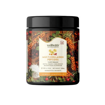 Wellwith Multi Collagen Peptides(200g, Pack of 1) | Sea Buckthorn Extract, Bioactive Collagen Peptides, Glucosamine Sulphate, Boswellia Serrata Extract, Glutathione, Vitamins