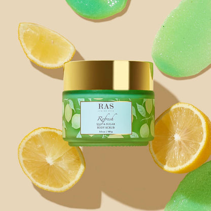 RAS Luxury Oils Refresh Hydrating Body Scrub, Exfoliates & Reduces Tan; Wild Sage & Sea Salt; Sugar & Salt Body Scrub; For Men & Women; 100g