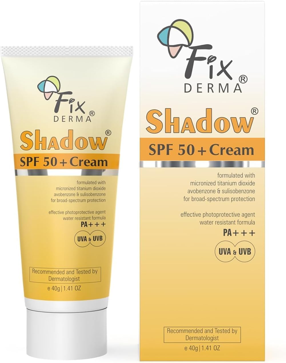 Fixderma Shadow Sunscreen SPF 50+ PA+++ Cream | Sunscreen for Dry Skin | No White Cast | UVA & UVB Protection | For Women & Men | Non Greasy & Water Resistant - 40 gm