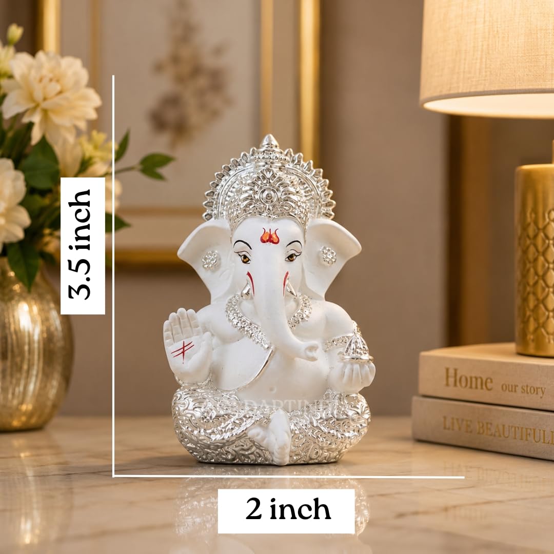 Gold Art India Ganesha Idol 999 Silver Plated White Finish Lord Ganesh Murti for Home Decor, Car Dashboard, Mandir & Office | Premium Ganesh Statue for Diwali, Wedding & Spiritual Gift | 3.5 Inch