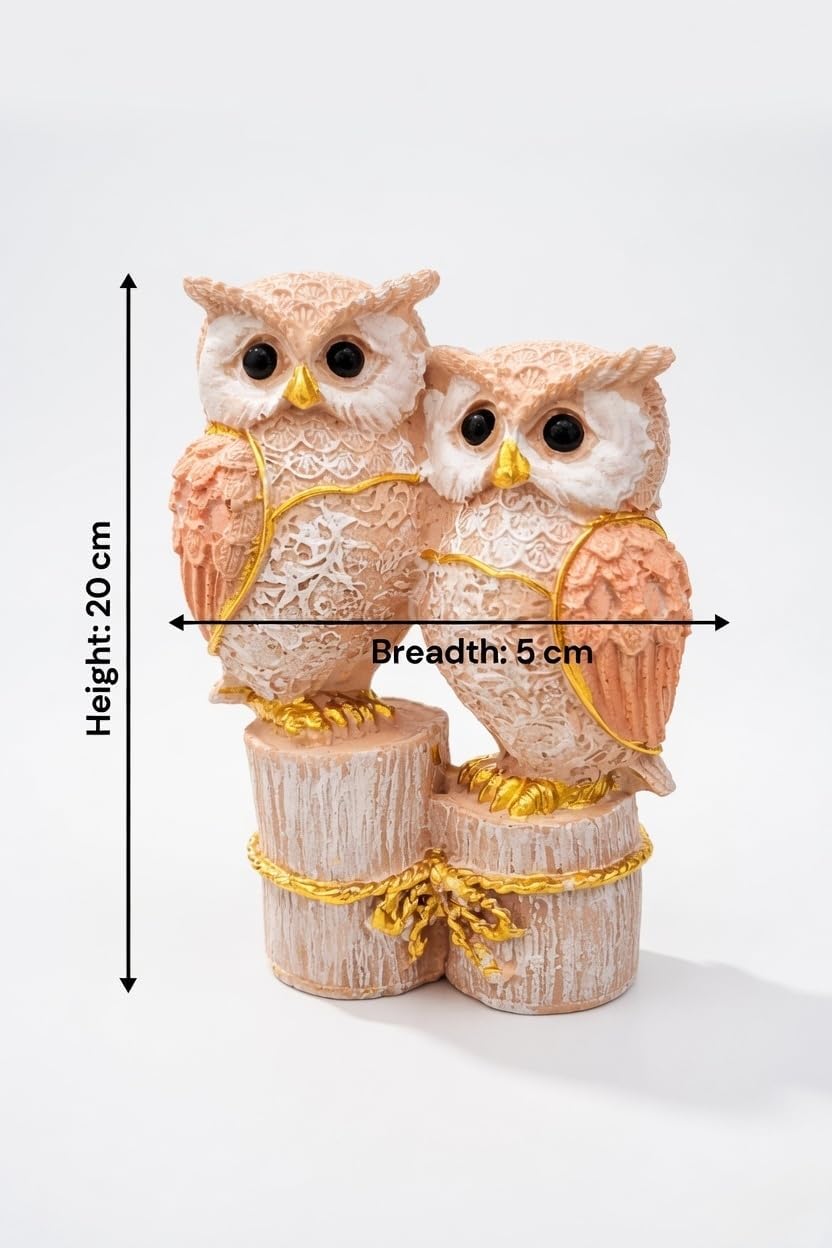 Owl Couple Figurine | Resin | Intricate Pattern Design | Tabletop Showpiece for Home, Office & Bedroom (Peach-White)