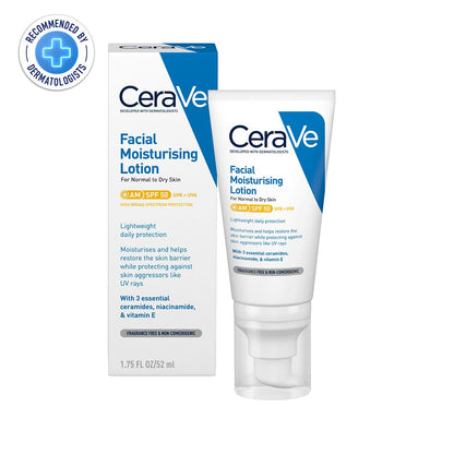 CeraVe facial moisturizing lotion with packaging on a white background