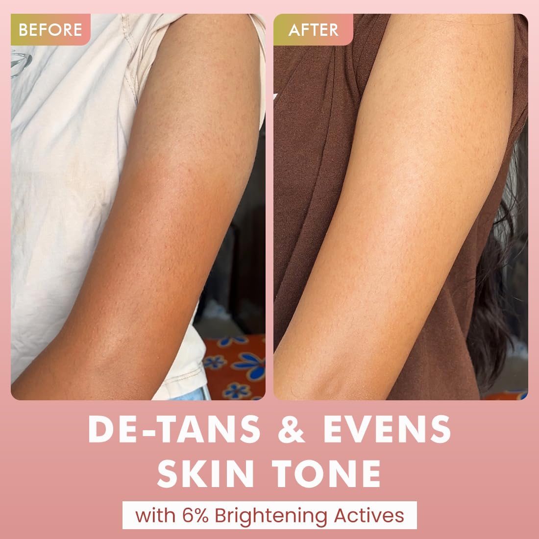 Before and after comparison of a person's arm with text indicating skin tone improvement.