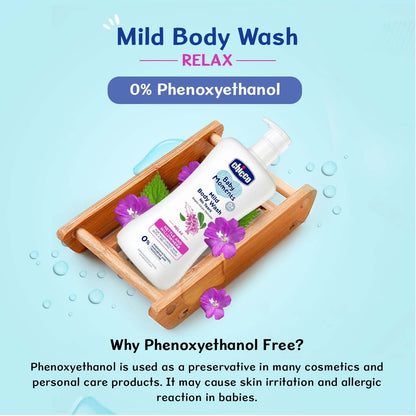Chicco Baby Moments Mild Body Wash Relax, New Advanced Formula with Natural Ingredients, No Tears & Soap-Free, Mild formula for Baby’s Body & Face Wash, No Phenoxyethanol and Parabens (200ml)