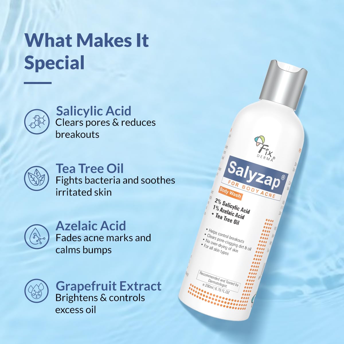 Fixderma Salyzap 2% Salicylic Acid Body Wash For Acne | Exfoliating Bodywash | Anti Acne Body Wash on Back & Arms for Acne Prone Skin | Helps in Control Brekouts, Unclogs Pores - 200ml