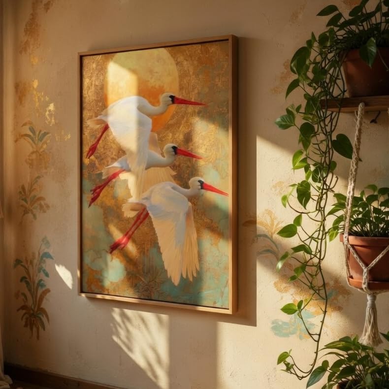 Flying Crane Bird Wall Painting with Wooden Frame | Elegant Bird Artwork HD UV Laminated MDF Wall Decor | Nature Inspired Wall Art for Living Room Bedroom Home Decor