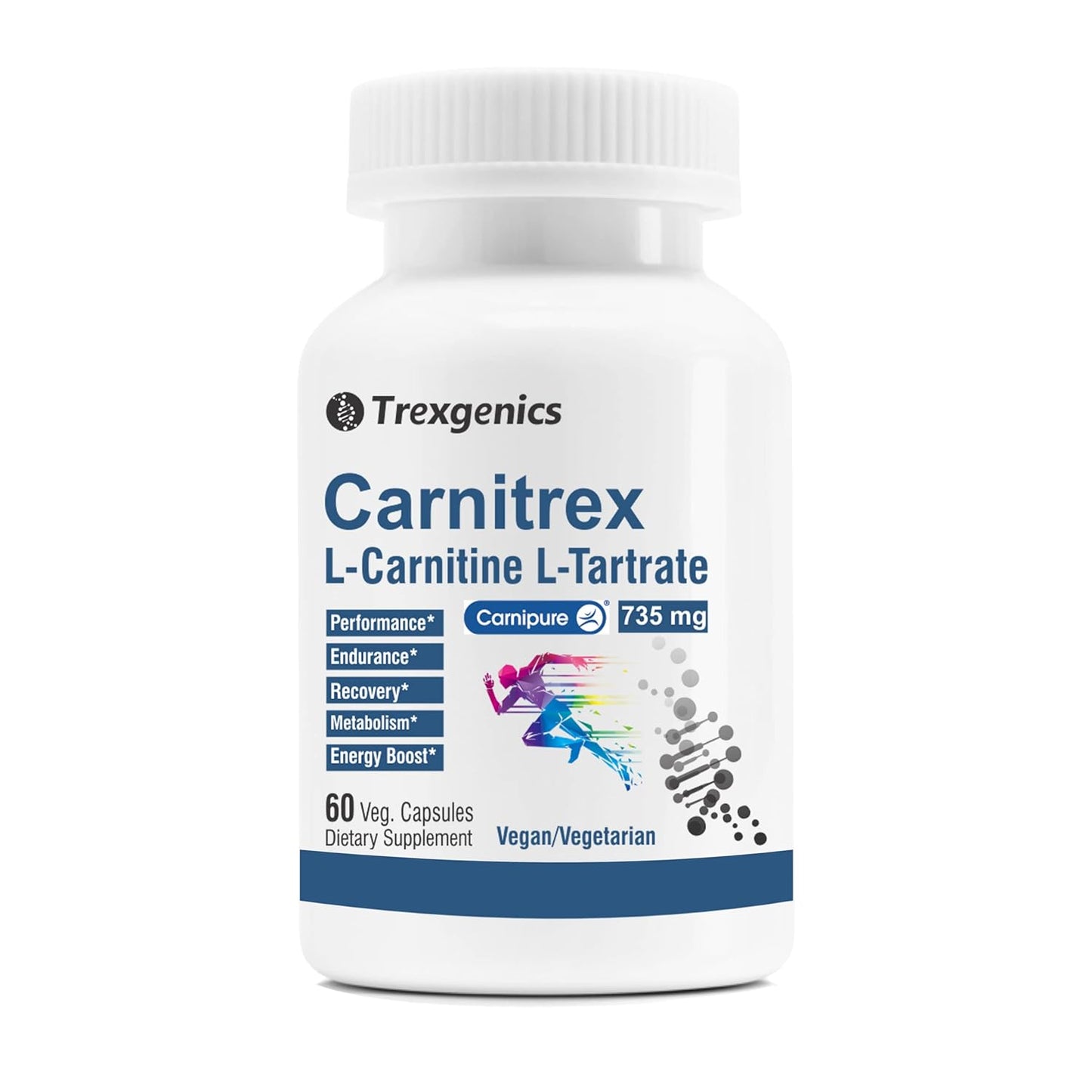 Supplement bottle labeled 'Carnitrex' by Trexgenics on a white background
