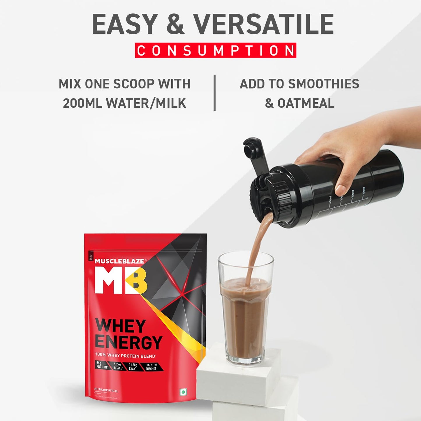 MuscleBlaze Whey Energy (Chocolate, 1kg / 2.2lbs) | 24g Protein, 100% Whey Protein Blend, Added Digestive Enzymes
