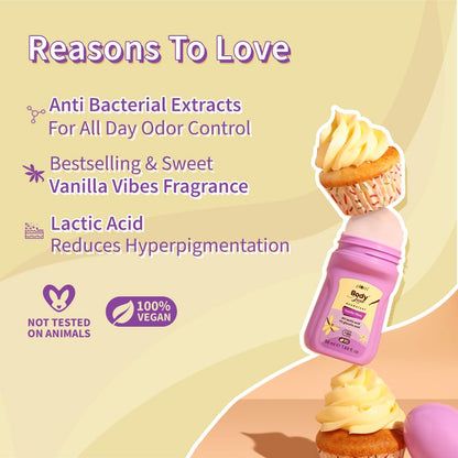 Plum BodyLovin' Vanilla Vibes Underarm Roll On for Women | Last Up to 48H | 4% Lactic Acid & 1% Glycolic Acid | Controls Odor & Fades Underarm Darkness | Warm Vanilla Fragrance Underarm Roll On | 50ml