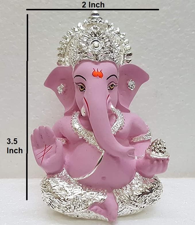 Gold Art India Gold and Silver Plated Ganesh Idol for Car Dashboard Ganesha Murti Ganpati Idol for Home Decor Puja Lord Ganesh Statue Gift for Office Desk Puja Room Figurine (Silver Pink)