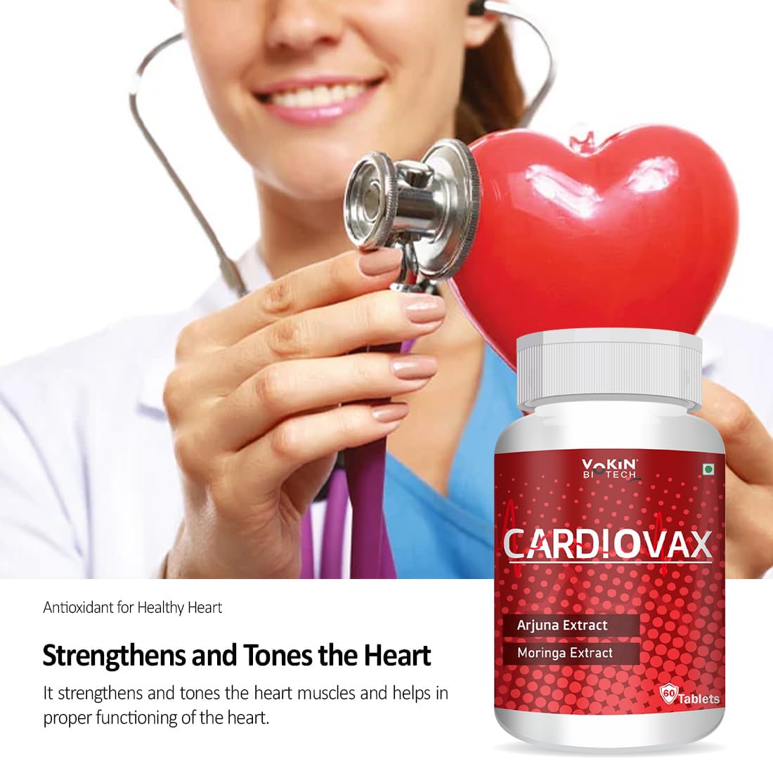 Bottle of Cardiovax with a heart-shaped stethoscope held by a person, promoting heart health.