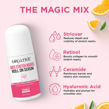 Orgatre Anti Stretch Marks Roll On Serum for Women With Striover | Retinol, Ceramide & Hyaluronic Acid | Lightweight & Non-Greasy | Reduces Stretch Marks & Boosts Elasticity | Safe for Pregnancy | 50ml