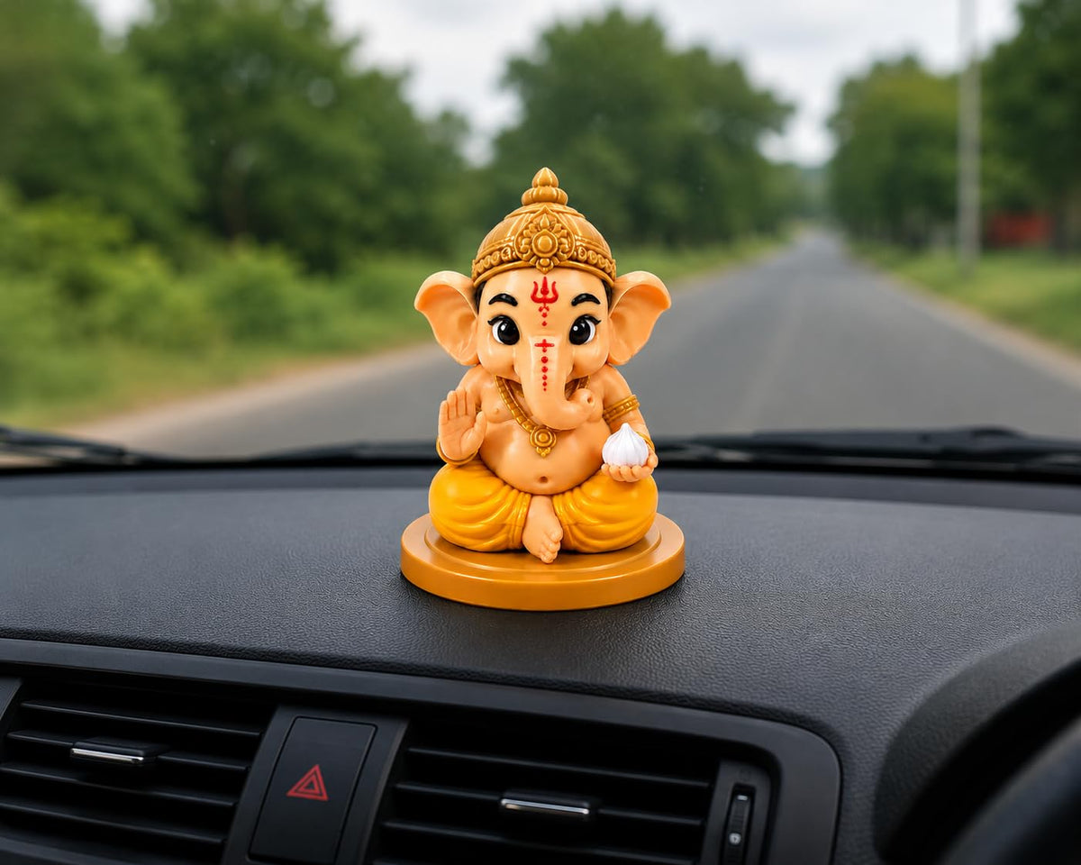 VASPAR Baby Ganesha Idol Cute Ganpati Figurine with modak Hindu God Statue for Car Dashboard, Pooja Room & Home Decor | Premium Finish Spiritual Gift Golden & White Yellow