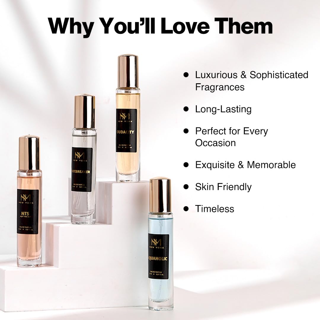 Perfume bottles with a list of reasons why they are loved, on a light background.