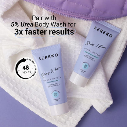 Sereko body wash and lotion on a white towel with promotional text.