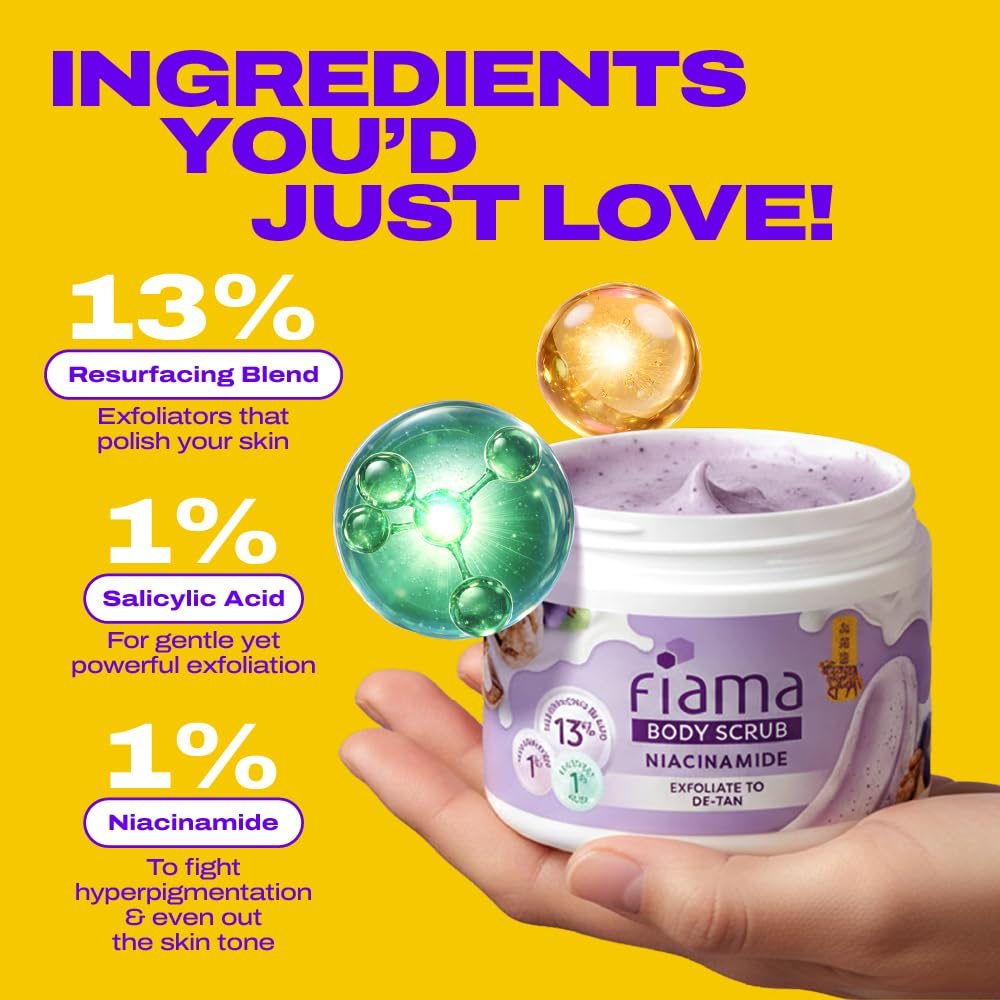 Fiama Detan Body Scrub 200g, 1% Niacinamide + 1% Salicylic Acid, Chemical + Physical Exfoliation, 13% Resurfacing Blend, Sun-Tan Removal & Instant Brightness, Gourmet Fragrance