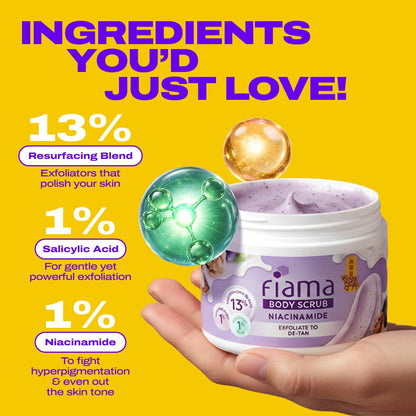 Fiama Detan Body Scrub 200g, 1% Niacinamide + 1% Salicylic Acid, Chemical + Physical Exfoliation, 13% Resurfacing Blend, Sun-Tan Removal & Instant Brightness, Gourmet Fragrance