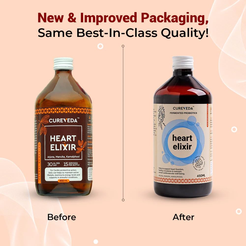 Comparison of CUREVEDA Heart Elixir before and after new packaging on a beige background