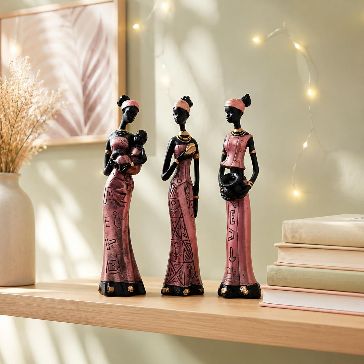 Home Decor African Tribal Women Art Piece (Set of 3, Rose Gold and Black Color)