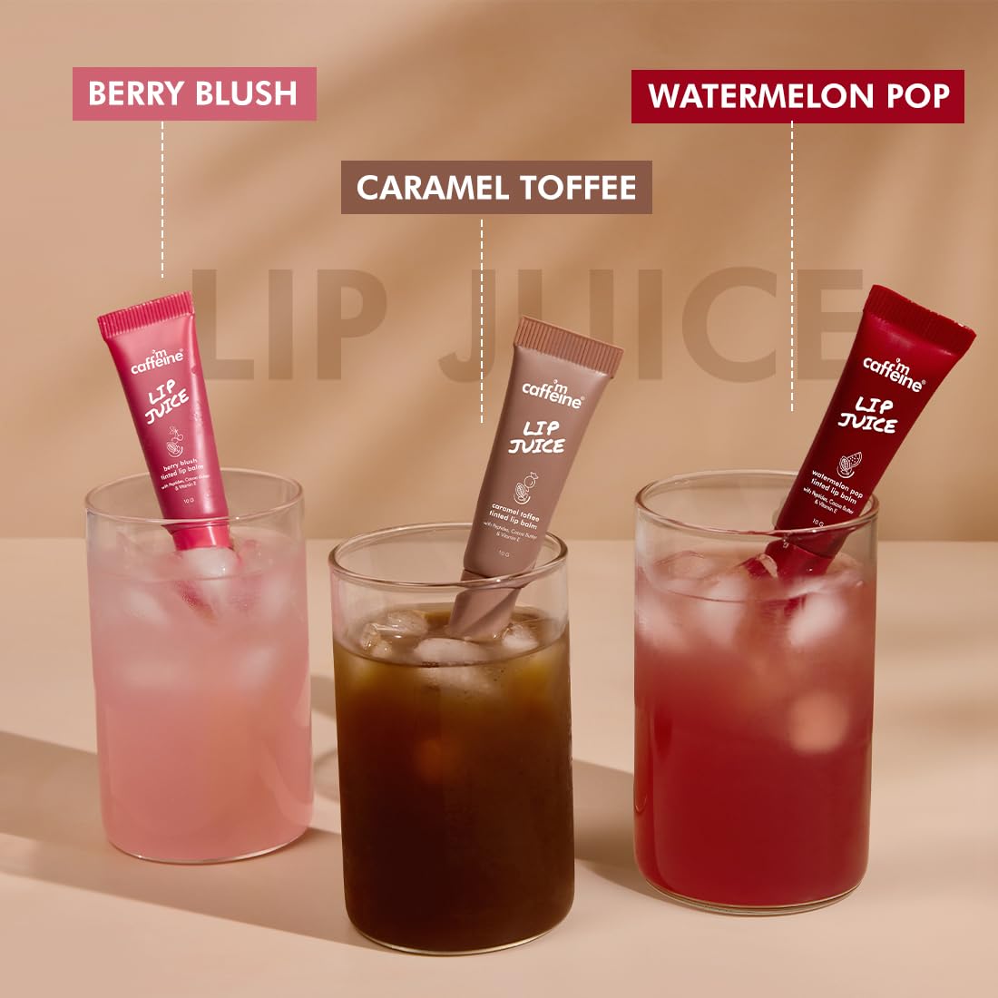 mCaffeine Lip Juice Tinted Lip Balm - Berry Blush | 24 hrs Moisturization | With Peptides, Cocoa Butter & Vitamin E | Heals Dry & Chapped Lips | Lip Balm For Women | Sheer Pink Tint - 10g