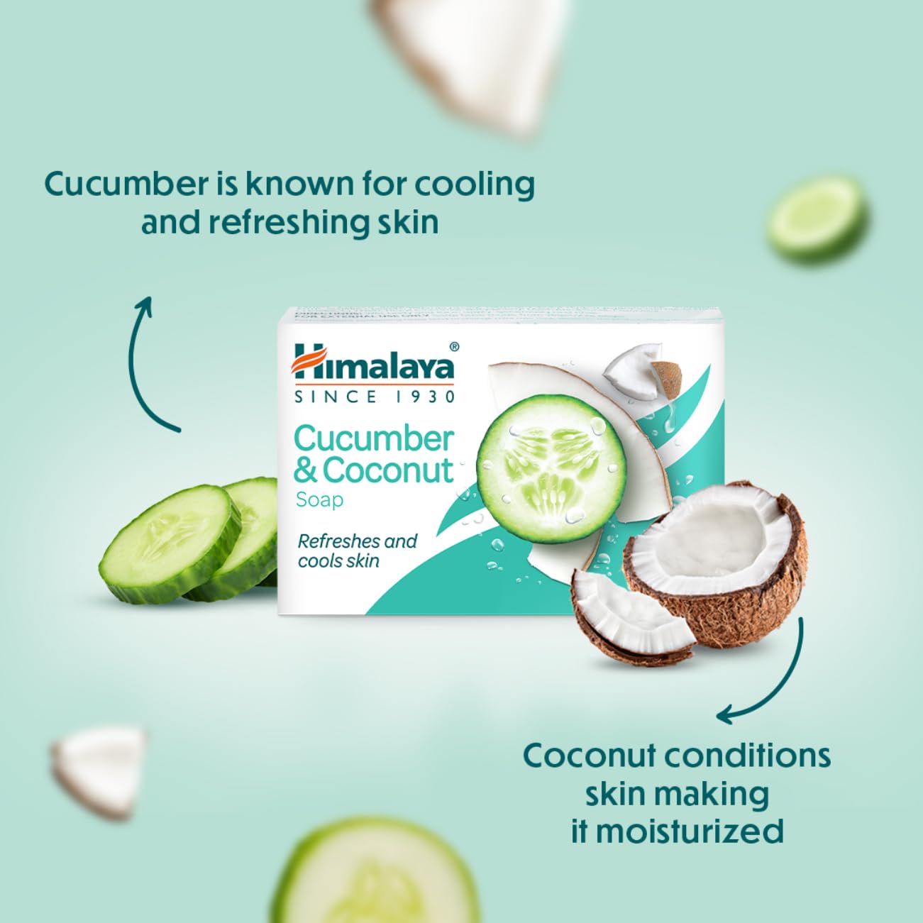 Himalaya Cucumber & Coconut Soap packaging with cucumber and coconut illustrations on a light blue background.