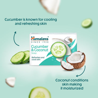 Himalaya Cucumber & Coconut Soap packaging with cucumber and coconut illustrations on a light blue background.