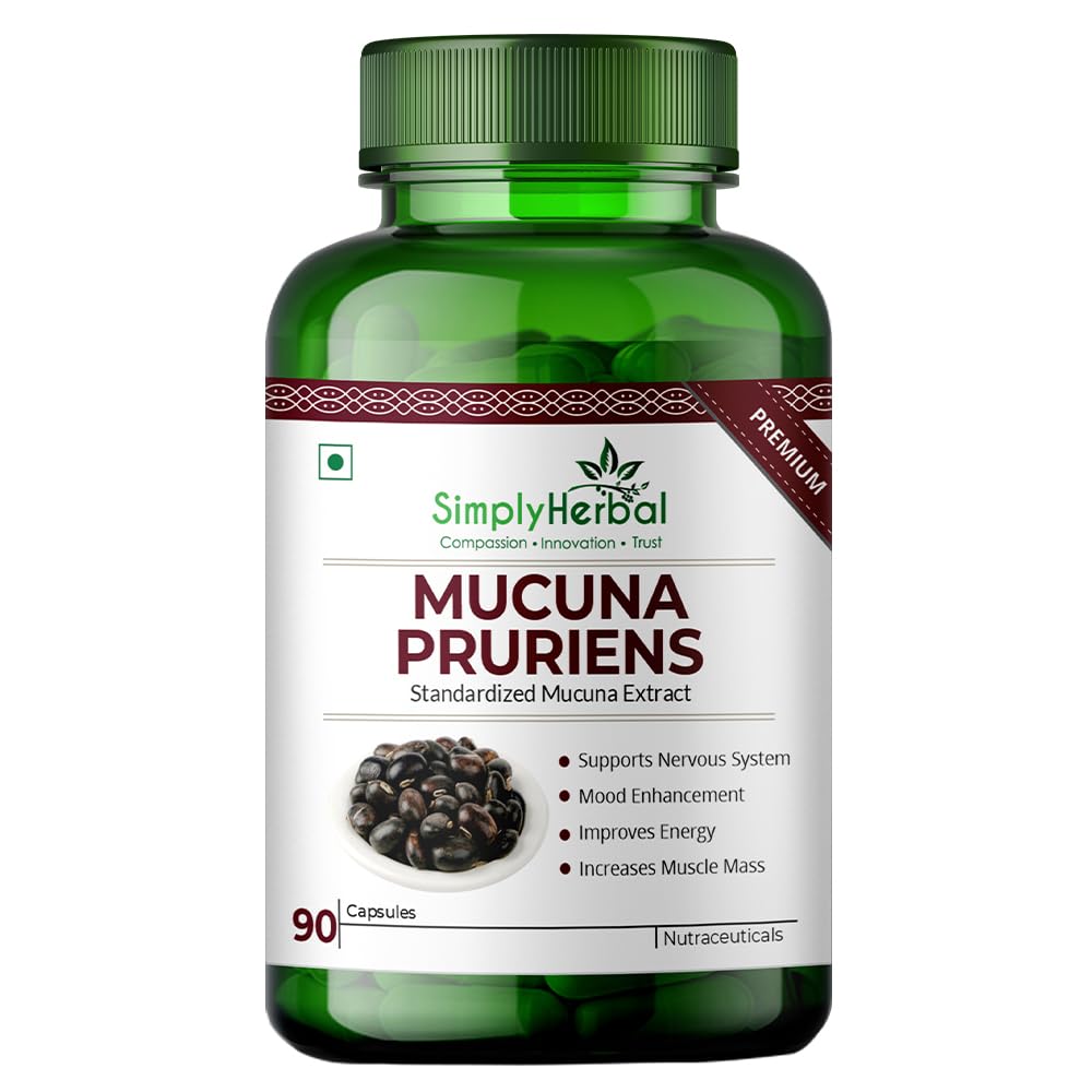 Green supplement bottle labeled 'Mucuna Pruriens' by SimplyHerbal on a white background