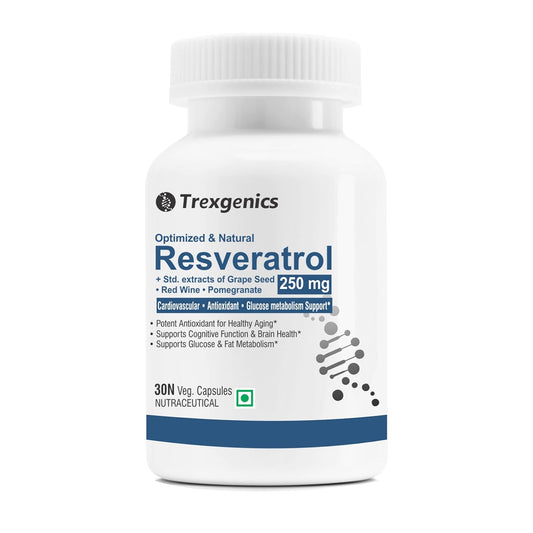Trexgenics Resveratrol supplement bottle on a white background