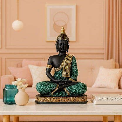 Beautiful Resin Meditating Buddha Statue for Home Decor (Pack of 1, Green & Black)