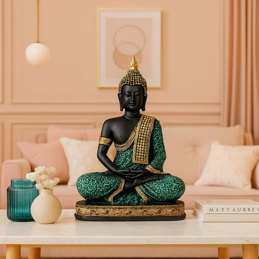 Beautiful Resin Meditating Buddha Statue for Home Decor (Pack of 1, Green & Black)