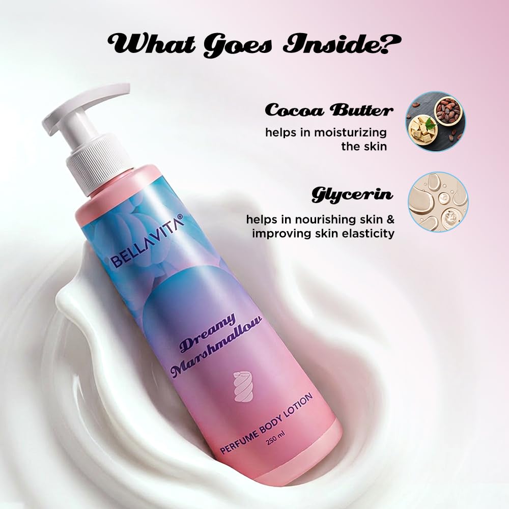 Bellavita Dreamy Marshmallow perfume body lotion with ingredients displayed on a light pink background