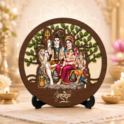 Plan To Gift Shiv Parivar Premium Wooden God Idol for Indoor Temple, Living Room Shelf, Work Desk & Puja Decor - 5x5 Inch