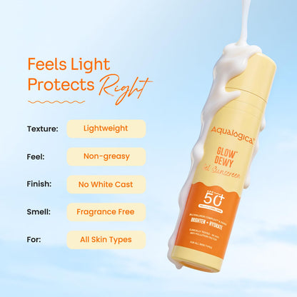 Aqualogica Glow+ Dewy Gel Sunscreen 50g | SPF 50+ PA++++ | 12-Hour Sun & Tan Protection | C-Hyaluron Complex & Papaya | Broad Spectrum UVA/UVB & Blue Light Protection | Fragrance-Free, No White Cast | Lightweight | For Men & Women