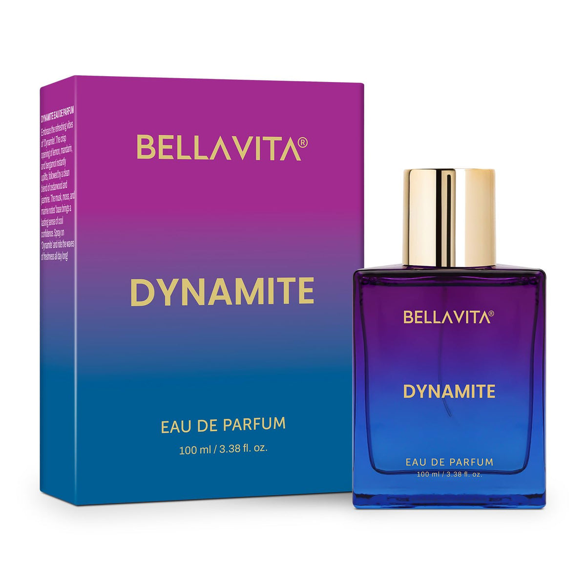 Bellavita Dynamite Eau de Parfum bottle and packaging on a white background