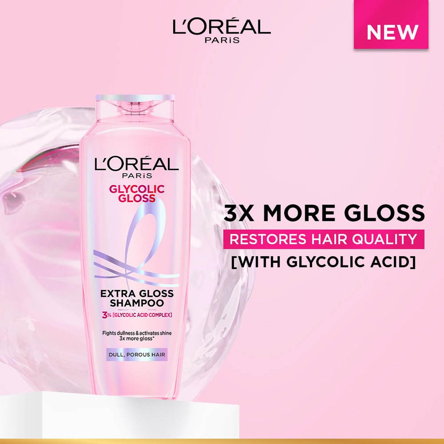 L'Oreal Paris Glycolic Gloss shampoo bottle on a pink background with product details.