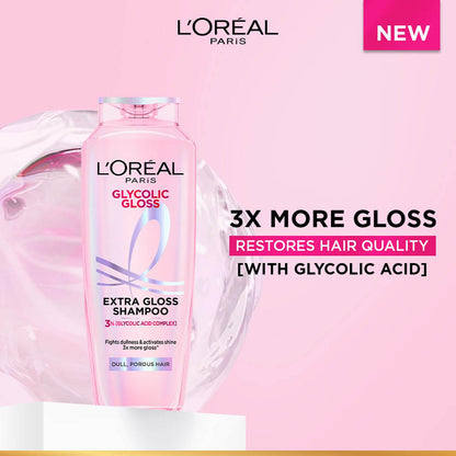 L'Oreal Paris Glycolic Gloss shampoo bottle on a pink background with product details.
