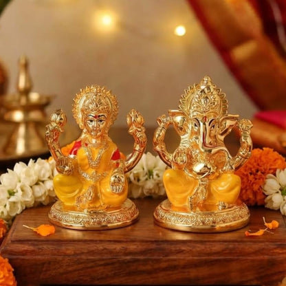 Gold Plated Laxmi Ganesh Idols for Pooja Room, Car Dashboard, Gifting, Table and Home Decor - Resin - 3x2 Inches (Yellow)