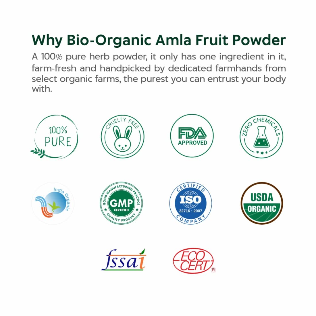 Promotional graphic for bio-organic amla fruit powder with certification logos on a white background.