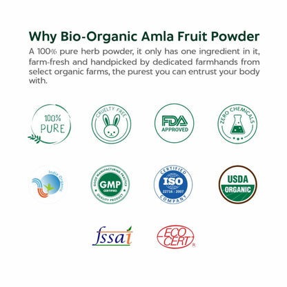 Promotional graphic for bio-organic amla fruit powder with certification logos on a white background.