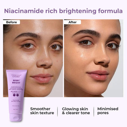 Before and after comparison of a woman's face with a Niacinamide rich brightening formula, featuring a purple cream tube.