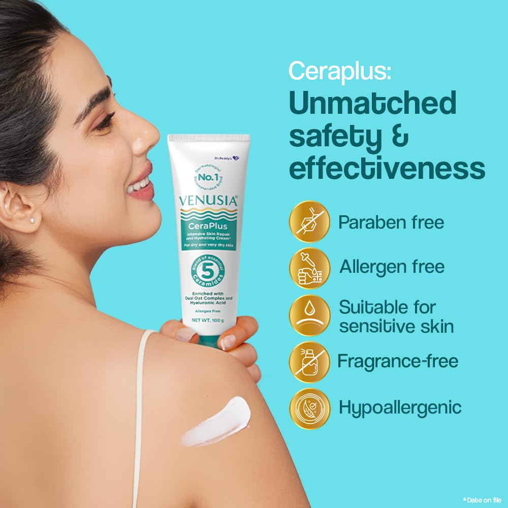 Dr. Reddy's Venusia CeraPlus Moisturizing Cream For Dry Skin - Formulated With 5 Essential Ceramides, Oat Complex & Hyaluronic Acid | Hypoallergenic and Fragrance-Free | 100g