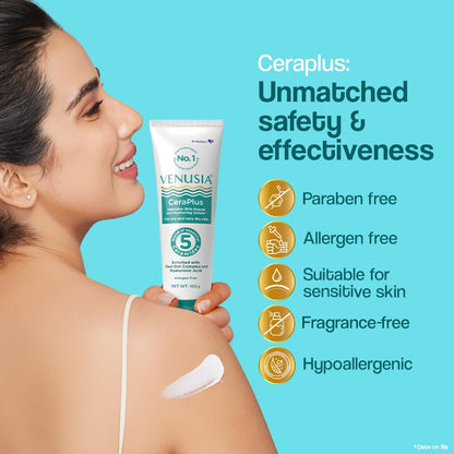 Dr. Reddy's Venusia CeraPlus Moisturizing Cream For Dry Skin - Formulated With 5 Essential Ceramides, Oat Complex & Hyaluronic Acid | Hypoallergenic and Fragrance-Free | 100g