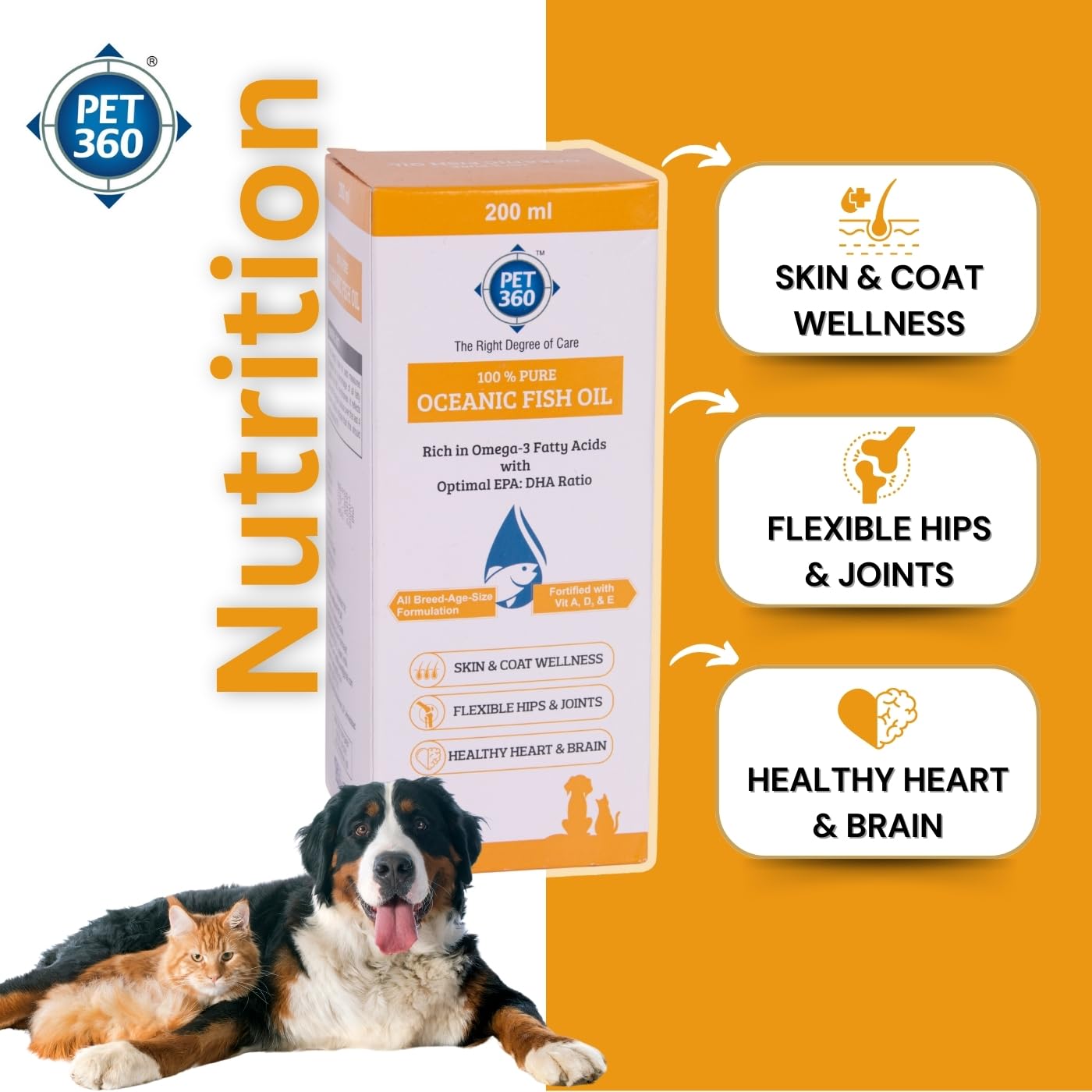 PET360 Oceanic Sardine Fish Oil for Dogs & Cats | Promotes Heart, Brain, Liver & Kidney Health | Reduced Hairfall, Shiny Coat | Omega 3, 6 & Vit. A, D, E| Nutritional Supplement for All Breeds- 200 ml