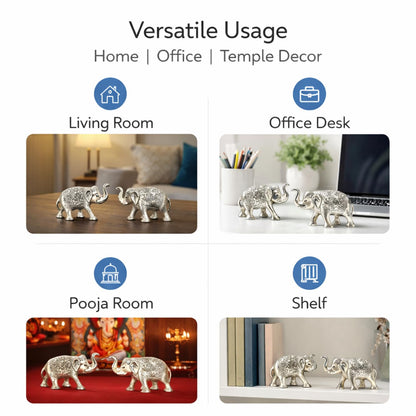 Kalakriti Metal Elephant Statue Small Silver 2 pcs Set Enhance Your Home Car Office Table Article | Animal Decorative Showpiece Figurines for Best Gifting