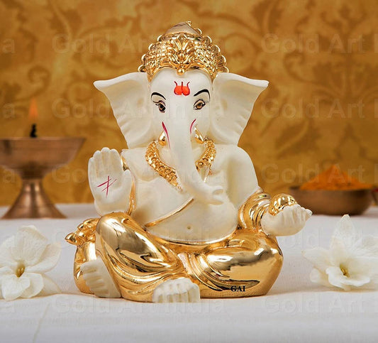 Gold Art India Gold plated gaddi Ganesh Idol For Car Dashboard Ganesha Murti Ganpati Idol For Home Decor Puja Lord Ganesh Statue Gift For Office Desk Puja Room Figurine